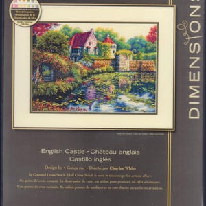 May include: A Dimensions Gold Collection counted cross stitch kit titled English Castle, designed by Charles White. The packaging features a landscape illustration of a stone building by a pond, measuring 14 inches by 10 inches.