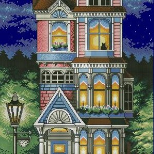 May include: A cross-stitch pattern depicting a multi-storey Victorian house at night. The house features pink siding, brown roofs, and illuminated windows. A black cat silhouette is visible in an upper window and on the front steps. A street lamp stands to the left.