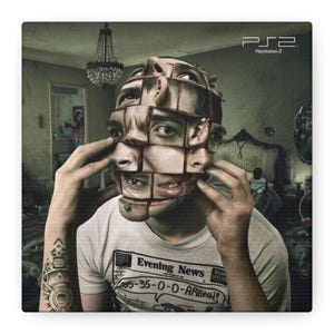 May include: Surreal artwork featuring a person with a fragmented face composed of multiple facial features. The person is wearing a white t-shirt with the text "Evening News" and a tattoo on the arm. The PlayStation 2 logo is in the upper right corner.