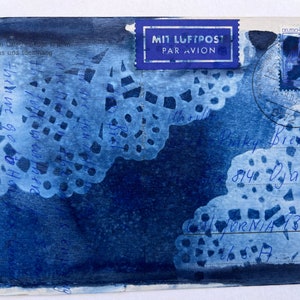 Doily tecido cianótipo azul renda padrão cartão postal vintage pequena arte de parede 4x6 original