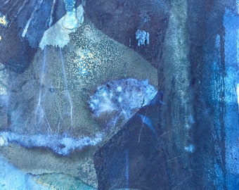 Botanical Cyanotype Yarrow Feather Blue Collograph Print Alternative Cyanotypes Abstract Art Original 11x14