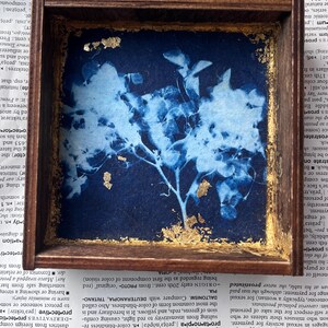 Tropical Bloom Cyanotype Print on Wood Panel with Gold Leaf Accent | Small Floral Artwork | Flower Orignal Artwork 4x4 Tropical Flower