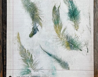 Feather Relief Print 8x10 | Blue GREEN Feathers Monoprint Unique Printmaking on Antique Paper | Boho Wall Art