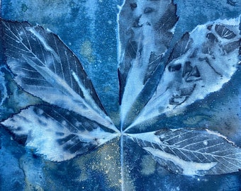 Cyanotype Photograph - Buckeye Tree Leaf Buckeyes Ohio Blue Print on archival paper - Alternative Cyanotypes OOAK Original | Wall Art