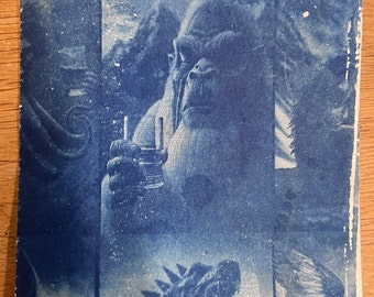 Yeti Sasquatch Cryptid Folklore Cyanotype Photographs - Yeti Godzilla Whiskey Art Abstract Blue Print - Mythical Beast Original 5x7