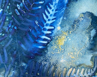 Cyanotype Fern Feather Blue Gold Green - Water like Feathers - Cyan Print on paper - Alternative Cyanotypes OOAK Original 11x14