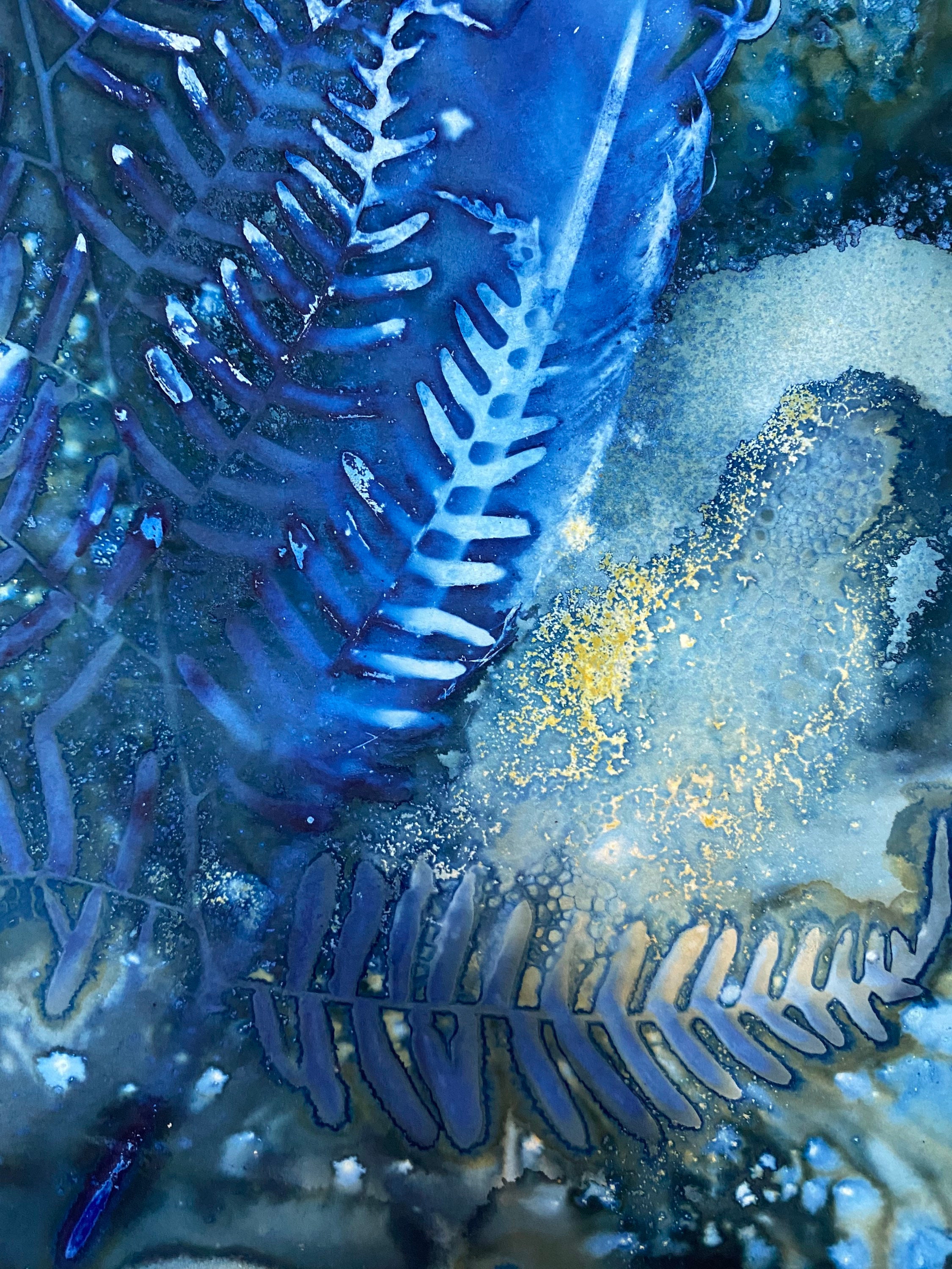 Cyanotype Fern & Feather Print - Blue, Gold, Green 11x14 OOAK