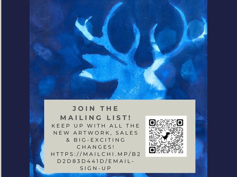 May include: A blue and white abstract background with a white deer silhouette. Text reads: "Join the Mailing List! Keep up with all the new artwork, sales & big-exciting changes! HTTPS://MAILCHI.MP/B2D2D83D441D/EMAIL-SIGN-UP" A QR code is in the bottom right corner.