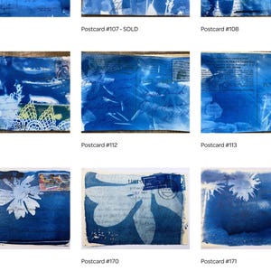 May include: A collection of 12 cyanotype postcards featuring abstract designs and patterns. The postcards are printed on white paper and have a blue background.