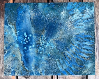 Fern Cyanotype Botanical Feather Plant | Wet Cyanotypes print Blue Green | Original Cyan Alternative Nature Print Horizontal Wall 8x10