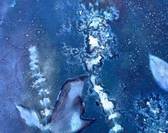 Garden Flowers Cyanotype Lambs Ear Plants Blue Artwork Original 11x14 Wall Art