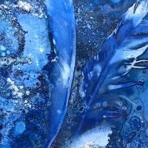 Art original cyanotypie plumes mystiques | Petite décoration murale ciel rêveur 6 x 9