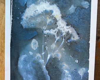Cyjanotypia, krwawnik, wydruk giclée – sztuka ścienna z motywem botanicznym (8x10)