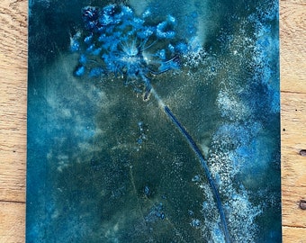 Queen Annes Cyanotype Botanical Original Print | Photograph Blue Plant Art Wood Panel |Wet Cyanotype Abstract Art  | 9x12 original