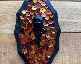 Black Crow Raven Autumn Fall Skull Faux Mount - Black Bird Skull Faux Trophy Plaque - Fall Harvest Orange- Skull Resin - Mini Art