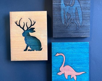 Jackalope Mothman Lochness Cryptid Art Object | Small Artwork Lost Creatures Mini Art | Cryptozoology Cryptid Wood Cuts