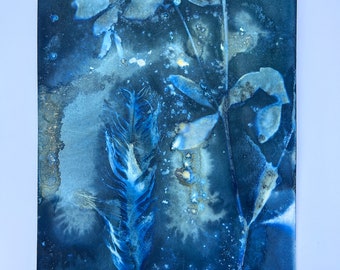 Cyanotype Feather Flower Blue Photograph | Feathers Blue Green Art Abstract | Alternative Water Cyanotypes Original 8x12