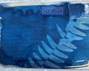 Arte de postal cianotipo de helecho / Impresión antigua OOAK de 4x6