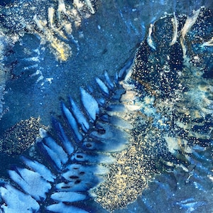 Cianotipo botánico FERN, impresión artística en papel azul dorado/cian/cianotipos alternativos/original místico, 11 x 14