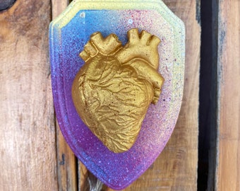 Anatomical GOLD Resin Heart SALE- Faux Trophy Abstract Spray White Wood Plaque - Anatomy - Metallic Heart of Gold Organ Resin - Valentines