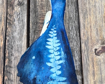 Bone Cyanotype Patela Fern Botanical Art Blue | unique wall sculpture Taxidermy | Unique Flower Skull Mount