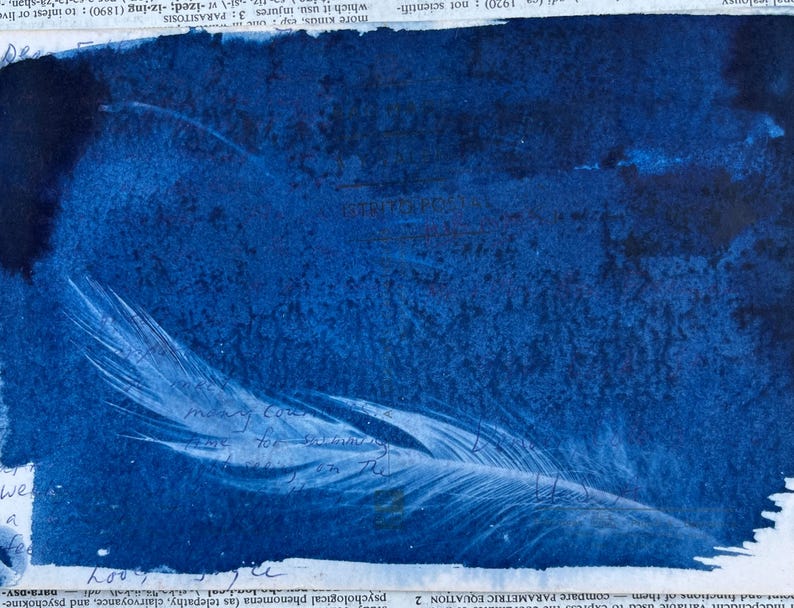 May include: A cyan blue background with a white feather in the bottom right corner. The feather is partially obscured by the blue background. The image has a vintage, faded look.