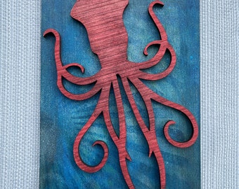 Kraken Giant Squid Cryptid Art Object Artwork | Squid Deep Ocean Scene Mini Art | Cryptozoology Cryptid Wood Cut Blue Artwork