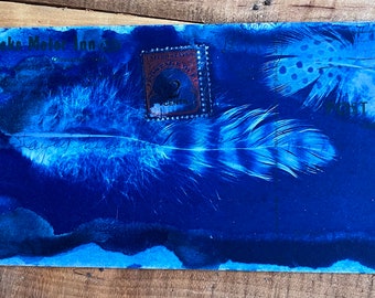 Cyanotype Feather Print - Bird Feather Blue Old long Postcard - Spotted feather Print on rare Stamped Postcard OOAK Original 8x3