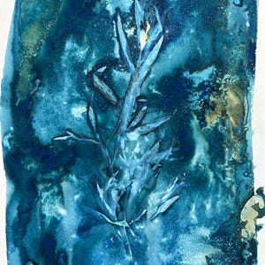 Stampa cianotipica Terragon, pianta erbacea / Stampa di erbe culinarie blu sognante su carta per acquerello / Cianotipi alternativi OOAK originali 7x11