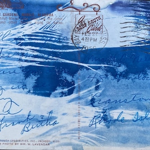 Blau Cyanotypien Kunst Postkarte Blumen Abstrakt | Cyanotypie Druck | Botanische Feder auf antiker Postkarte | Blau Kleines Kunstwerk 10x15