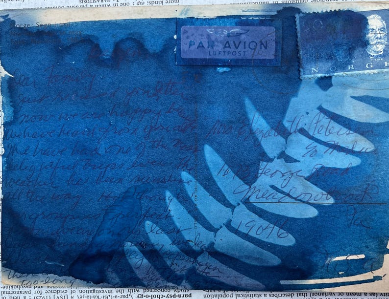 May include: A blue and white postcard with a stamp that says "PAR AVION LUFTPOST" and a handwritten message in blue ink. The message says "Dear George, I hope you are well. We have had a lot of rain. The birds are back in the nest. We have had a few nice days. I hope you are well.  Sincerely,  Meadow 19016"