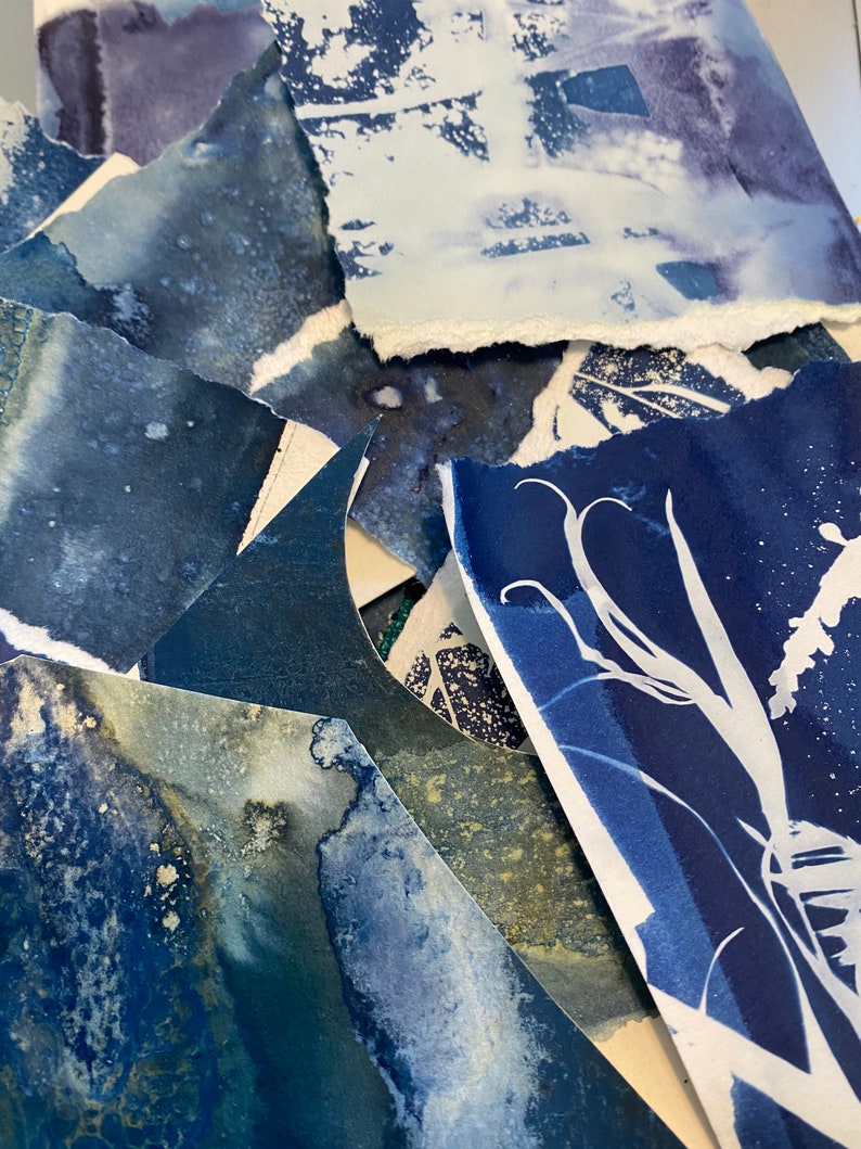 Cyanotype Scrap Paper Collage Blue Cyan for Collage Scrap-paper Assorted Cyan Paper bulk image 2