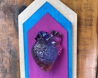Heart Shrine Home - Anatomical Heart - Faux Trophy House Wood Plaque - Anatomy - Magenta Teal Gold Heart Organ Resin - Valentines Day