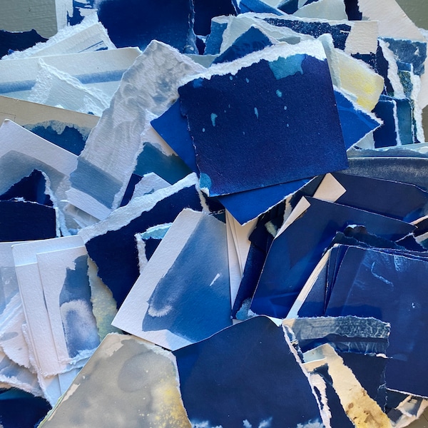 Cyanotype Scrap Paper | Collage Blue Cyan for Collage | Scrap-paper | Assorted Cyan Paper| bulk