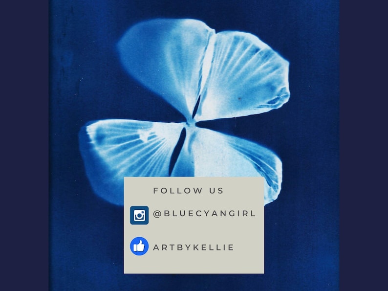 May include: A cyanotype print of a four-leaf clover with a white background. The image includes the text "FOLLOW US" and social media handles "@BLUECYANGIRL" and "ARTBYKELLIE".