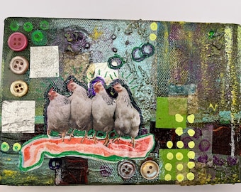 Chicken Artwork Mixed Medium Collage 3x5 Breakfast Small Painting