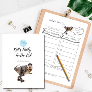 May include: A white notepad with the text "Kid's Daily To-Do List" and a dinosaur graphic. A clipboard with a to-do list template and a pencil are also visible. The theme is designed for children.