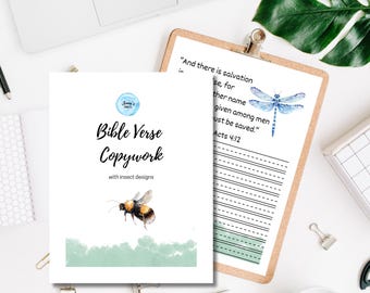 Bijbelvers kopiëren geheugenwerk handschriftpagina's afdrukbaar homeschoolcurriculum, kinderen insecten, christelijke homeschool, pdf direct downloaden