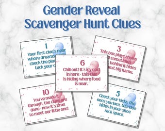 May include: A set of gender reveal scavenger hunt clues on cards. The cards have text like "Your first clue's near" and "Chill out! It's icy cold in here". Each card has a pink or blue watercolor design.