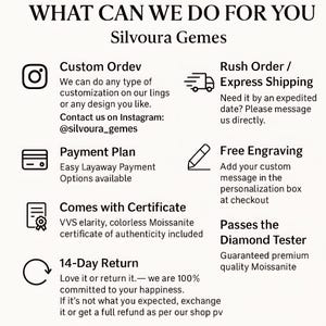 May include: Text graphic with the title "WHAT CAN WE DO FOR YOU" and the name "Silvoura Gemes". The graphic lists services including custom orders, payment plans, free engraving, and a 14-day return policy.