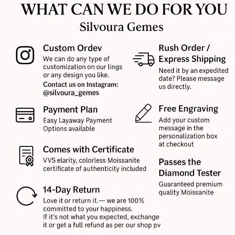 May include: Text graphic with the title "WHAT CAN WE DO FOR YOU" and the name "Silvoura Gemes". The graphic lists services including custom orders, payment plans, free engraving, and a 14-day return policy.