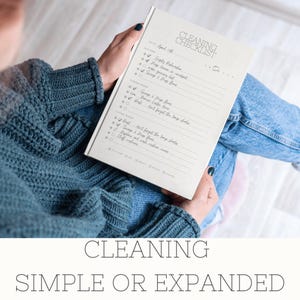 May include: A cream-coloured cleaning checklist notebook with the title "CLEANING CHECKLIST" and the words "SIMPLE OR EXPANDED" at the bottom. The notebook is open, displaying a list of cleaning tasks with check boxes.