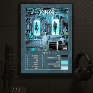 May include: Album cover art for the album "DNA" by XONAX. The cover features a blue and black color scheme with two figures in glass tubes. The album title is in white text with a black outline. The tracklist is listed on the bottom of the cover.