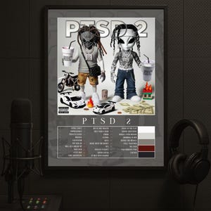 May include: Framed poster with two alien figures, dreadlocks, and tattoos, holding drinks. The poster reads "PTSD 2" and includes a tracklist. A small motorcycle, toy cars, and money are also depicted. The image is framed.