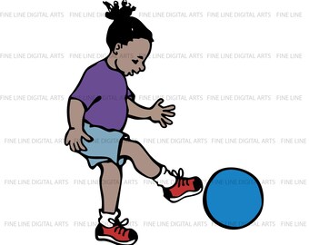 Line art illustration of a child kicking a ball