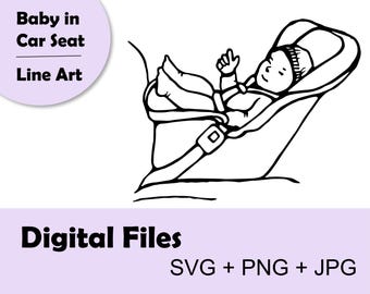 Line art illustration of a baby in a car seat - SVG, JPG, PNG digital files