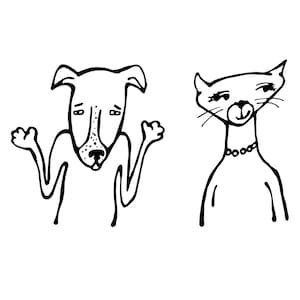 Line art illustration of a cat and dog, stylized, folk art, black and white