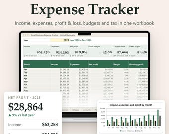 Könnte beinhalten: Ein digitaler Ausgaben-Tracker für kleine Unternehmen für Excel und Google Sheets. Das Display zeigt ein Dashboard für 2025 mit Einnahmen, Ausgaben, Gewinn und Steuern. Enthält eine monatliche Übersichtstabelle, eine Gewinnkarte und ein Balkendiagramm.