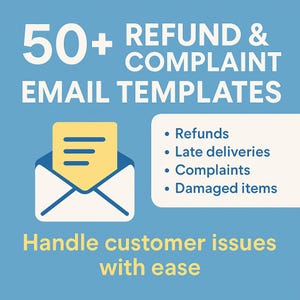 Może przedstawiać: Niebiesko-biała ilustracja koperty z żółtym listem w środku. Tekst brzmi "50+ ZWROT I REKLAMACJA SZABLONY EMAILI". Pod ilustracją tekst brzmi "Rozwiązywanie problemów klientów z łatwością". Białe pole po prawej stronie zawiera listę: Zwroty, Opóźnione dostawy, Reklamacje, Uszkodzone artykuły.