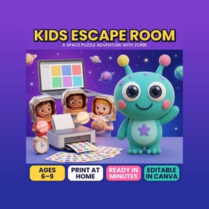 Może przedstawiać: Cyfrowa gra escape room do druku dla dzieci zatytułowana KIDS ESCAPE ROOM A SPACE PUZZLE ADVENTURE WITH ZORBI. Zawiera turkusową postać kosmity, troje dzieci w hełmach astronautów, laptopa, drukarkę oraz kolorowe karty z kształtami.